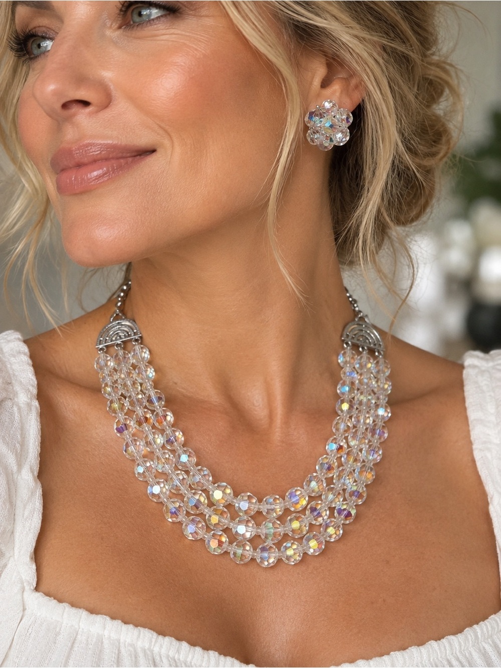 Vintage Iridescent Multi-Strand Crystal Glass Necklace with Matching Earrings